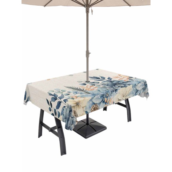Outdoor Tablecloth with Umbrella Hole and Zipper, Christmas Eucalyptus Rectangle Table Cloth 60x102 Inch Waterproof Tablecloth, Blue Poinsettia Vintage Winter Snowy Picnic Table Cover for Patio