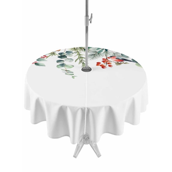 Outdoor Tablecloth with Umbrella Hole and Zipper, Christmas Eucalyptus Round Table Cloth 54 Inch Waterproof Tablecloth, Xmas Botanical Weeping Berry Pine Cones Picnic Table Cover for Patio Camping