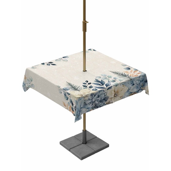 Outdoor Tablecloth with Umbrella Hole and Zipper, Christmas Eucalyptus Square Table Cloth 54x54 Inch Waterproof Tablecloth, Blue Poinsettia Vintage Winter Snowy Picnic Table Cover for Patio Camping