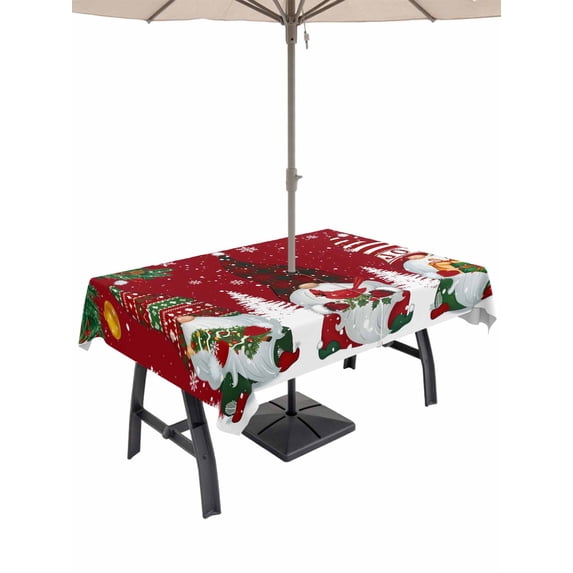 Outdoor Tablecloth with Umbrella Hole and Zipper, Christmas Gnomes Rectangle Table Cloth 54x80 Inch Waterproof Tablecloth, Red Joy Pine Branches Cardinal Birds Picnic Table Cover for Patio Camping