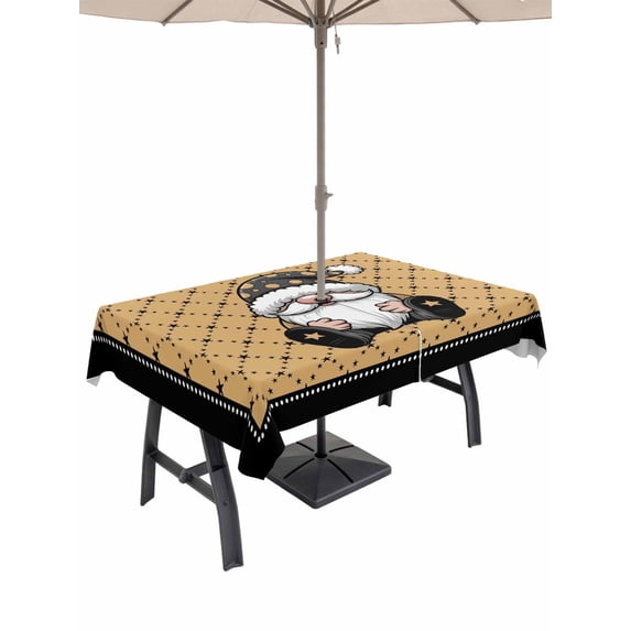 Outdoor Tablecloth with Umbrella Hole and Zipper, Christmas Gnomes Rectangle Table Cloth 54x80 Inch Waterproof Tablecloth, Winter Xmas Snowflakes Textured Yellow Picnic Table Cover for Patio Camping