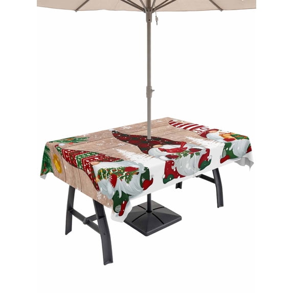 Outdoor Tablecloth with Umbrella Hole and Zipper, Christmas Gnomes Rectangle Table Cloth 60x102 Inch Waterproof Tablecloth, Xmas Pine Tree Balls Cardinal Birds Holiday Picnic Table Cover for Patio
