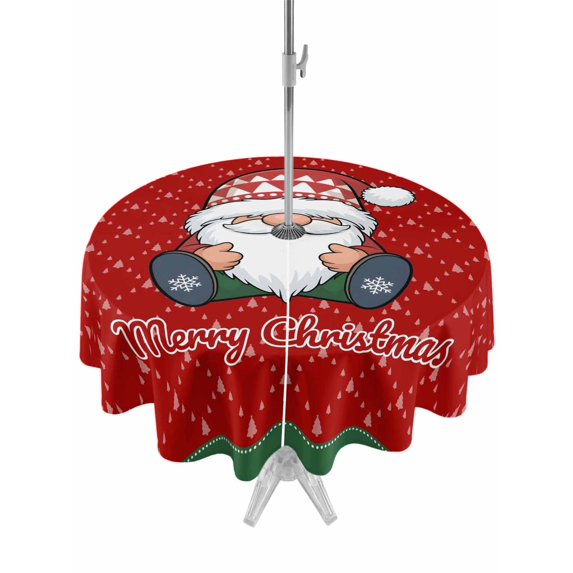 Outdoor Tablecloth with Umbrella Hole and Zipper, Christmas Gnomes Round Table Cloth 60 Inch Waterproof Tablecloth, Winter Xmas Snowflakes Textured Red Picnic Table Cover for Patio Camping