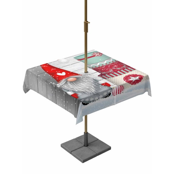 Outdoor Tablecloth with Umbrella Hole and Zipper, Christmas Gnomes Square Table Cloth 54x54 Inch Waterproof Tablecloth, Grey Wooden Vintage Snowflake Picnic Table Cover for Patio Camping