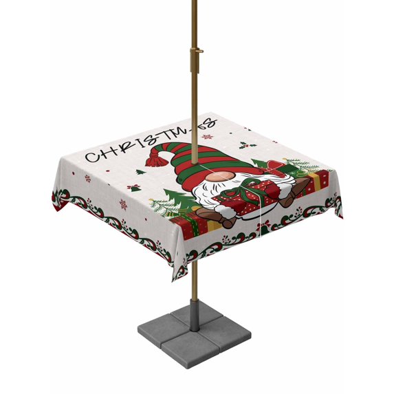 Outdoor Tablecloth with Umbrella Hole and Zipper, Christmas Gnomes Square Table Cloth 54x54 Inch Waterproof Tablecloth, Winter Xmas Gifts Snowflake Burlap Picnic Table Cover for Patio Camping