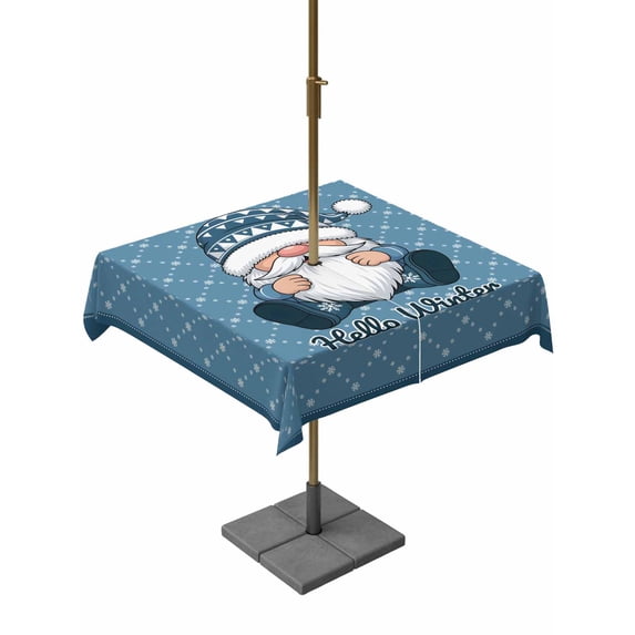 Outdoor Tablecloth with Umbrella Hole and Zipper, Christmas Gnomes Square Table Cloth 54x54 Inch Waterproof Tablecloth, Winter Xmas Snowflakes Textured Blue Picnic Table Cover for Patio Camping