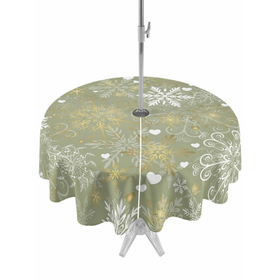 Outdoor Tablecloth with Umbrella Hole and Zipper, Christmas Green Round Table Cloth 60 Inch Waterproof Tablecloth, Xmas Winter Snowflakes New Year Holiday Picnic Table Cover for Patio Camping