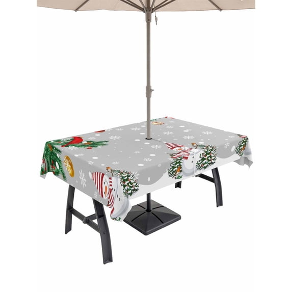 Outdoor Tablecloth with Umbrella Hole and Zipper, Christmas Grey Rectangle Table Cloth 52x70 Inch Waterproof Tablecloth, Xmas Snowman Birds on Pine Branch Snowflake Picnic Table Cover for Patio