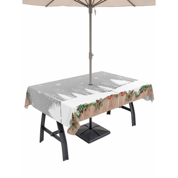 Outdoor Tablecloth with Umbrella Hole and Zipper, Christmas Grey Rectangle Table Cloth 54x80 Inch Waterproof Tablecloth, White Xmas Tree Forest Poinsettia Rustic Wooden Picnic Table Cover for Patio