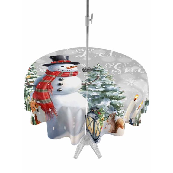 Outdoor Tablecloth with Umbrella Hole and Zipper, Christmas Grey Round Table Cloth 60 Inch Waterproof Tablecloth, Snowman Xmas Pine Tree Winter Snowflakes Picnic Table Cover for Patio Camping