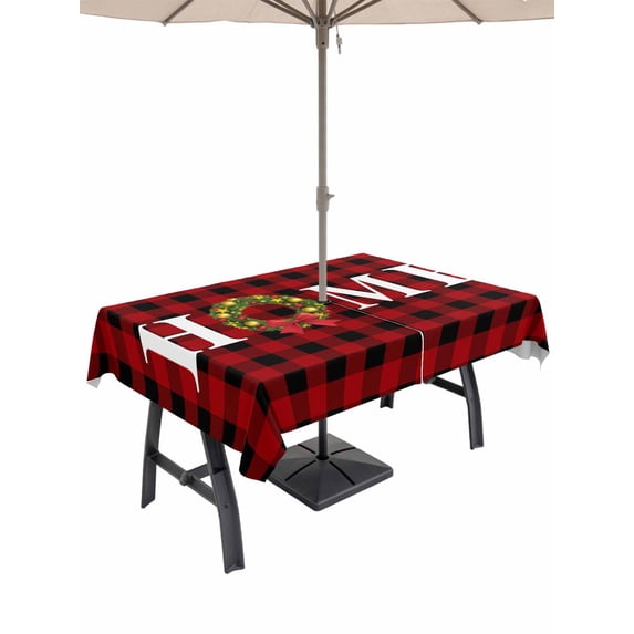 Outdoor Tablecloth with Umbrella Hole and Zipper, Christmas Home Rectangle Table Cloth 60x84 Inch Waterproof Tablecloth, Winter Xmas Red Black Buffalo Plaid Picnic Table Cover for Patio Camping