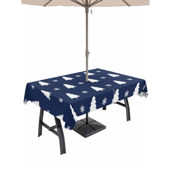 Outdoor Tablecloth with Umbrella Hole and Zipper, Christmas Navy Blue Rectangle Table Cloth 60x102 Inch Waterproof Tablecloth, Winter Snowflakes Modern Xmas Trees Picnic Table Cover for Patio Camping