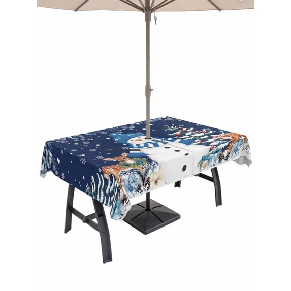 Outdoor Tablecloth with Umbrella Hole and Zipper, Christmas Navy Rectangle Table Cloth 52x70 Inch Waterproof Tablecloth, Snowman Elk Eucalyptus Snowflakes Xmas Tree Picnic Table Cover for Patio