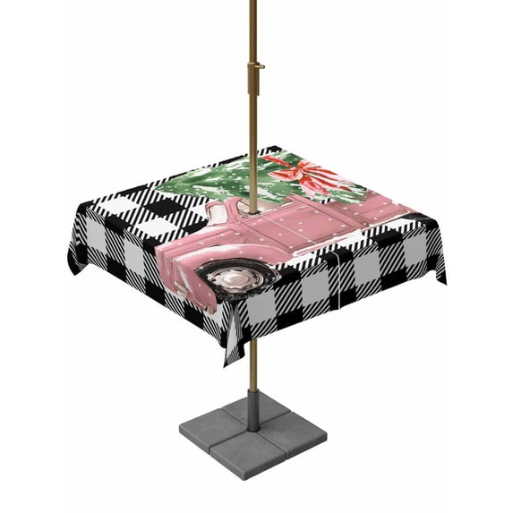 Outdoor Tablecloth with Umbrella Hole and Zipper, Christmas Pink Truck Square Table Cloth 54x54 Inch Waterproof Tablecloth, Xmas Tree Farmhouse White Black Plaid Picnic Table Cover for Patio Camping