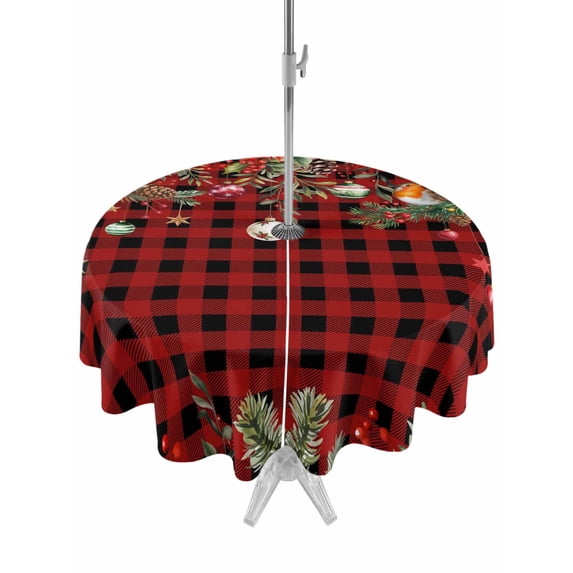 Outdoor Tablecloth with Umbrella Hole and Zipper, Christmas Plaid Round Table Cloth 60 Inch Waterproof Tablecloth, Xams Tree Winter Poinsettia Pine Cones Picnic Table Cover for Patio Camping