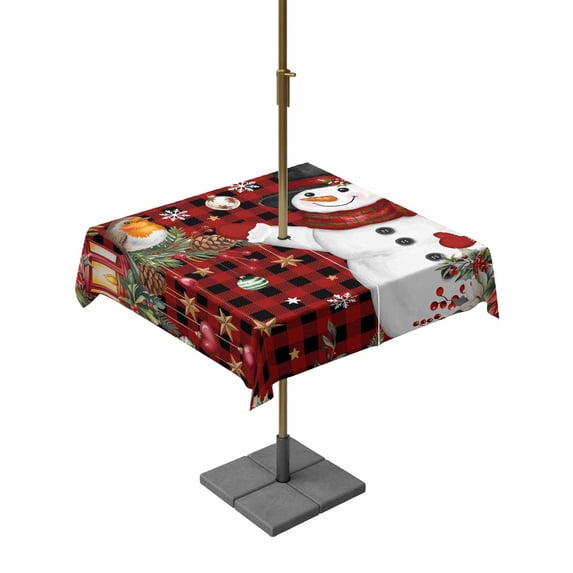 Outdoor Tablecloth with Umbrella Hole and Zipper, Christmas Plaid Square Table Cloth 60x60 Inch Waterproof Tablecloth, Red Snowman Xmas Tree Snowflake Buffalo Picnic Table Cover for Patio Camping