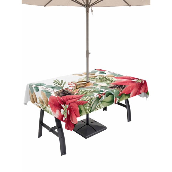 Outdoor Tablecloth with Umbrella Hole and Zipper, Christmas Poinsettia Rectangle Table Cloth 54x80 Inch Waterproof Tablecloth, Xmas Cardinal Pine Cone Branches Picnic Table Cover for Patio Camping
