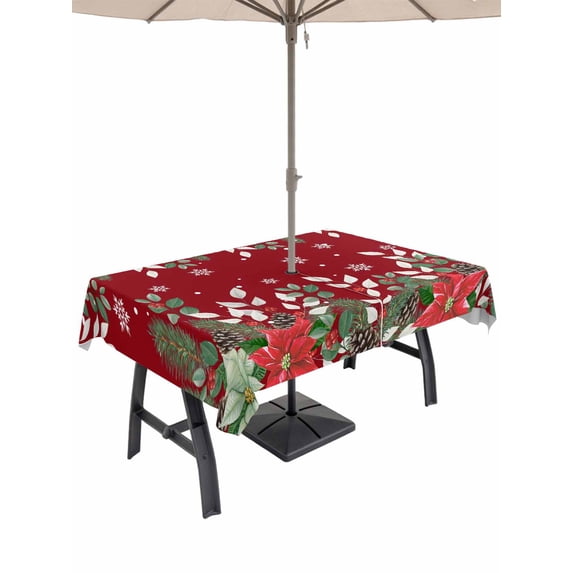 Outdoor Tablecloth with Umbrella Hole and Zipper, Christmas Poinsettia Rectangle Table Cloth 60x102 Inch Waterproof Tablecloth, Xmas Eucalyptus Botanical Red Picnic Table Cover for Patio Camping