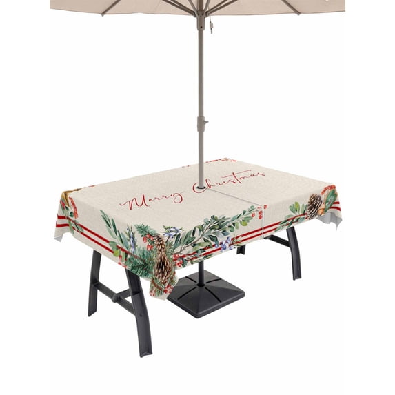 Outdoor Tablecloth with Umbrella Hole and Zipper, Christmas Rectangle Table Cloth 52x70 Inch Waterproof Tablecloth, Pine Cones Botanical Xmas Rustic Picnic Table Cover for Patio Camping