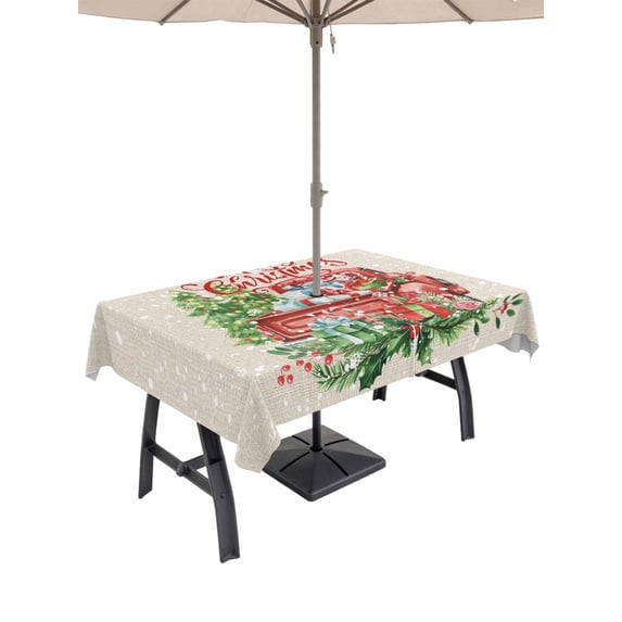 Outdoor Tablecloth with Umbrella Hole and Zipper, Christmas Rectangle Table Cloth 52x70 Inch Waterproof Tablecloth, Red Truck Pine Tree Snowflake Branches Flowers Picnic Table Cover for Patio Camping