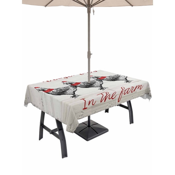 Outdoor Tablecloth with Umbrella Hole and Zipper, Christmas Rectangle Table Cloth 52x70 Inch Waterproof Tablecloth, Retro Chicken Farmhouse Wooden Stripes Picnic Table Cover for Patio Camping