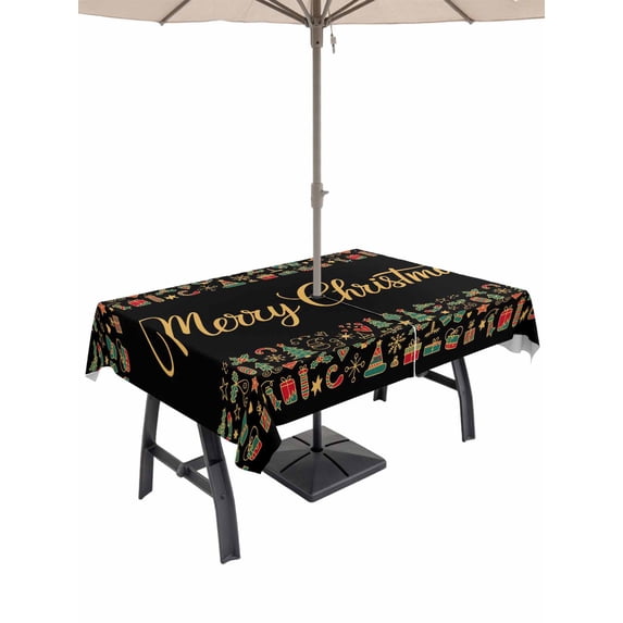 Outdoor Tablecloth with Umbrella Hole and Zipper, Christmas Rectangle Table Cloth 54x80 Inch Waterproof Tablecloth, Modern Winter Xmas Trees Gifts Black Picnic Table Cover for Patio Camping