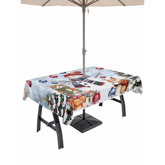 Outdoor Tablecloth with Umbrella Hole and Zipper, Christmas Rectangle Table Cloth 54x80 Inch Waterproof Tablecloth, Snowman Poinsettia Snowy Pine Leaves Wooden Picnic Table Cover for Patio Camping
