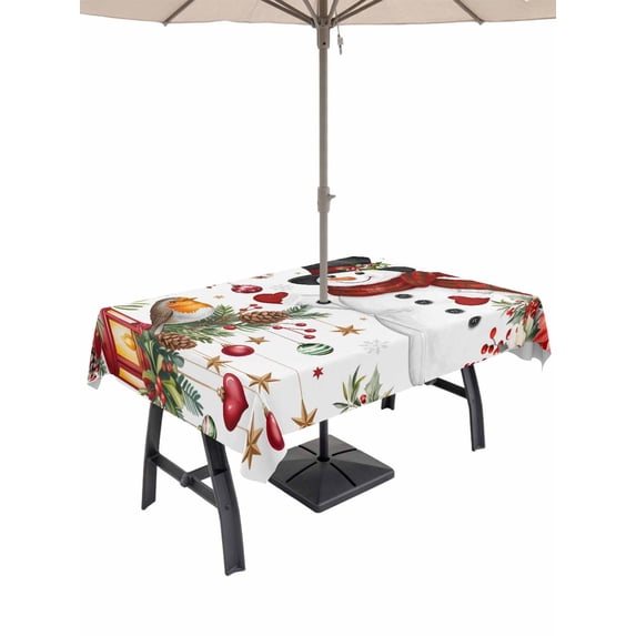 Outdoor Tablecloth with Umbrella Hole and Zipper, Christmas Rectangle Table Cloth 54x80 Inch Waterproof Tablecloth, Snowman Xmas Tree Snowflake Winter Picnic Table Cover for Patio Camping