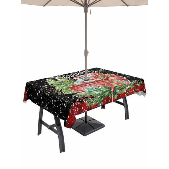 Outdoor Tablecloth with Umbrella Hole and Zipper, Christmas Rectangle Table Cloth 54x80 Inch Waterproof Tablecloth, Truck Snowflake Pine Tree Black Red Plaid Picnic Table Cover for Patio Camping