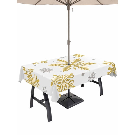 Outdoor Tablecloth with Umbrella Hole and Zipper, Christmas Rectangle Table Cloth 54x80 Inch Waterproof Tablecloth, Winter Xmas Yellow Snowflakes Textured Picnic Table Cover for Patio Camping