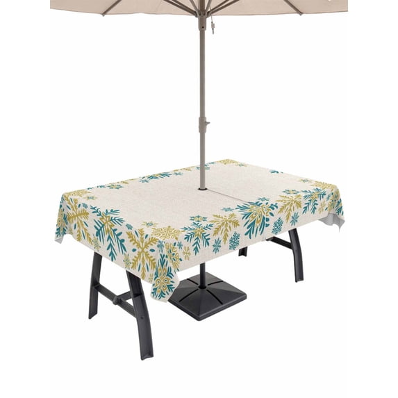 Outdoor Tablecloth with Umbrella Hole and Zipper, Christmas Rectangle Table Cloth 54x80 Inch Waterproof Tablecloth, Yellow Snowflakes Xmas Retro Farmhouse Picnic Table Cover for Patio Camping