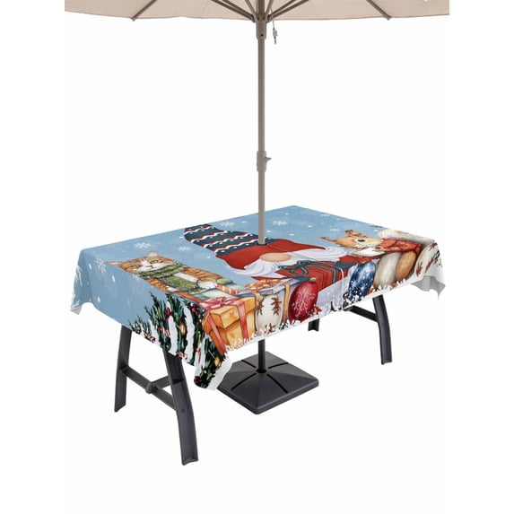 Outdoor Tablecloth with Umbrella Hole and Zipper, Christmas Rectangle Table Cloth 60x102 Inch Waterproof Tablecloth, Gnomes Cat Squirrel Xmas Pine Tree Winter Snow Picnic Table Cover for Patio
