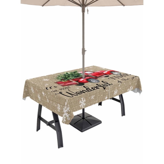Outdoor Tablecloth with Umbrella Hole and Zipper, Christmas Rectangle Table Cloth 60x102 Inch Waterproof Tablecloth, Red Truck Winter Snowflakes Xmas Pine Retro Brown Picnic Table Cover for Patio