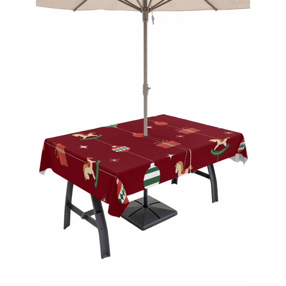 Outdoor Tablecloth with Umbrella Hole and Zipper, Christmas Rectangle Table Cloth 60x102 Inch Waterproof Tablecloth, Winter Xmas Balls Cartoon Cute Weeping Red Picnic Table Cover for Patio Camping