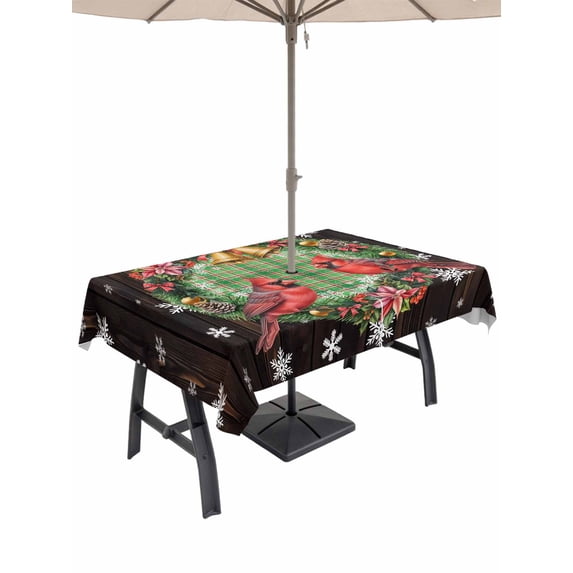 Outdoor Tablecloth with Umbrella Hole and Zipper, Christmas Rectangle Table Cloth 60x102 Inch Waterproof Tablecloth, Xmas Botanical Birds Snowflake Wooden Picnic Table Cover for Patio Camping