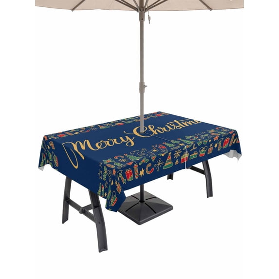 Outdoor Tablecloth with Umbrella Hole and Zipper, Christmas Rectangle Table Cloth 60x120 Inch Waterproof Tablecloth, Modern Winter Xmas Trees Gifts Navy Blue Picnic Table Cover for Patio Camping