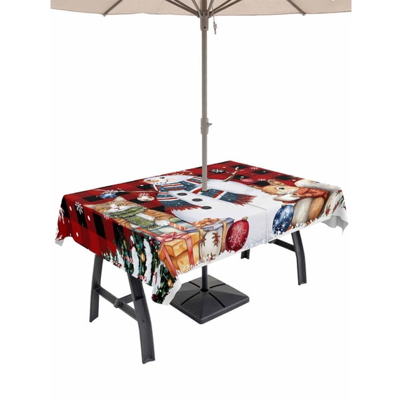 Outdoor Tablecloth with Umbrella Hole and Zipper, Christmas Rectangle Table Cloth 60x120 Inch Waterproof Tablecloth, Snowman Pine Tree Winter Snowy Red Black Plaid Picnic Table Cover for Patio