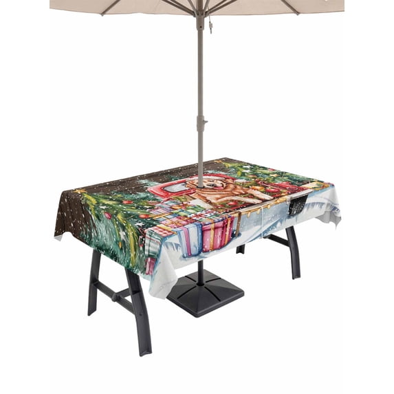Outdoor Tablecloth with Umbrella Hole and Zipper, Christmas Rectangle Table Cloth 60x120 Inch Waterproof Tablecloth, Winter Farmhouse Xmas Tree Dogs Red Truck Picnic Table Cover for Patio Camping