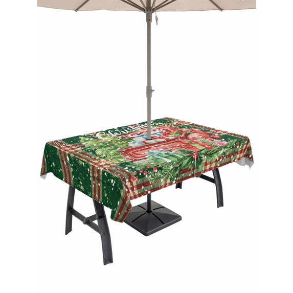 Outdoor Tablecloth with Umbrella Hole and Zipper, Christmas Rectangle Table Cloth 60x120 Inch Waterproof Tablecloth, Winter Truck Pine Tree Green Red Striped Plaid Picnic Table Cover for Patio