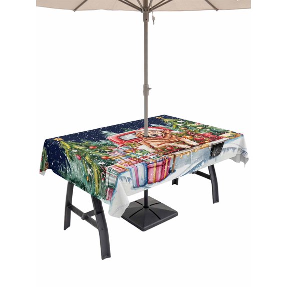 Outdoor Tablecloth with Umbrella Hole and Zipper, Christmas Rectangle Table Cloth 60x120 Inch Waterproof Tablecloth, Winter Xmas Tree Gingerbread Dogs Red Truck Blue Picnic Table Cover for Patio