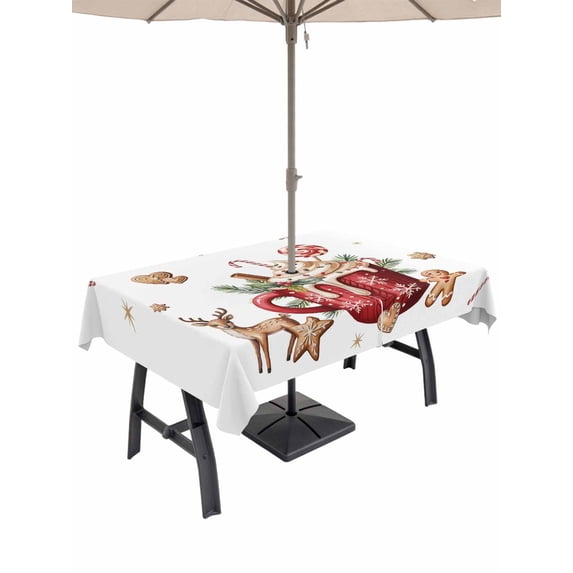 Outdoor Tablecloth with Umbrella Hole and Zipper, Christmas Rectangle Table Cloth 60x120 Inch Waterproof Tablecloth, Xmas Deer Ice Cream Cookies Candy Pine Needles Picnic Table Cover for Patio