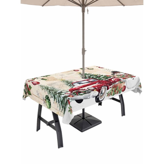 Outdoor Tablecloth with Umbrella Hole and Zipper, Christmas Rectangle Table Cloth 60x120 Inch Waterproof Tablecloth, Xmas Snowman Truck Snowflake Tree Balls Vintage Picnic Table Cover for Patio