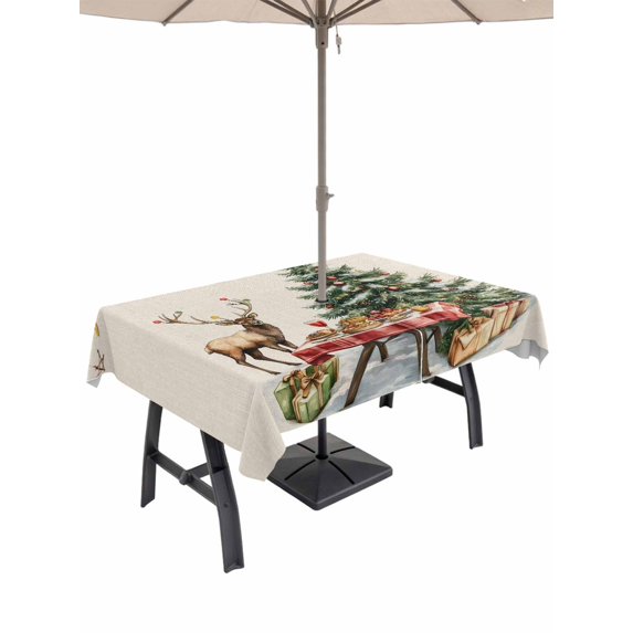 Outdoor Tablecloth with Umbrella Hole and Zipper, Christmas Rectangle Table Cloth 60x120 Inch Waterproof Tablecloth, Xmas Tree Winter Deer Pine Fruits Beige Picnic Table Cover for Patio Camping