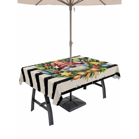 Outdoor Tablecloth with Umbrella Hole and Zipper, Christmas Rectangle Table Cloth 60x84 Inch Waterproof Tablecloth, Country Gnomes Pine Branches Star Bell Striped Picnic Table Cover for Patio Camping