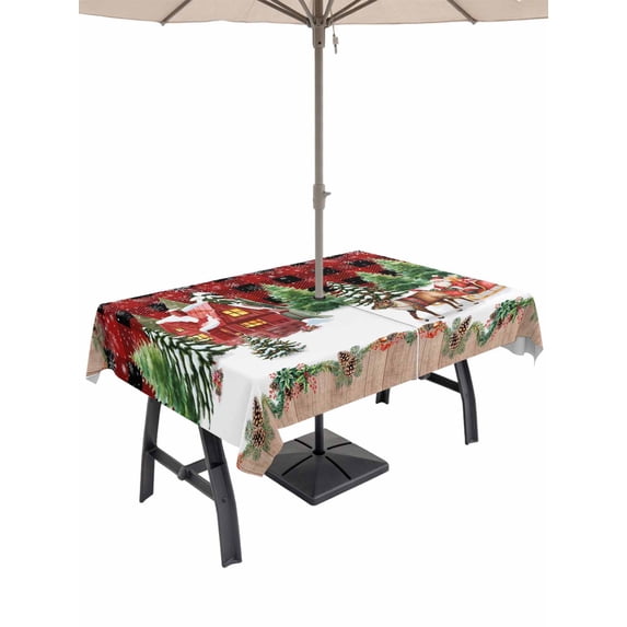Outdoor Tablecloth with Umbrella Hole and Zipper, Christmas Rectangle Table Cloth 60x84 Inch Waterproof Tablecloth, Santa Claus Xmas Tree Reindeer Buffalo Plaid Wood Plank Picnic Table Cover
