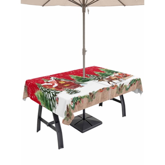 Outdoor Tablecloth with Umbrella Hole and Zipper, Christmas Rectangle Table Cloth 60x84 Inch Waterproof Tablecloth, Santa Claus Xmas Tree Reindeer Red Cottage Wood Plank Picnic Table Cover for Patio