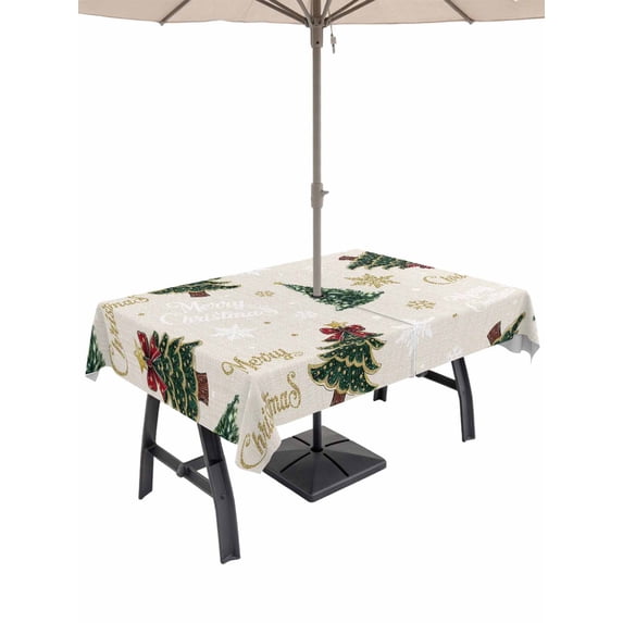 Outdoor Tablecloth with Umbrella Hole and Zipper, Christmas Rectangle Table Cloth 60x84 Inch Waterproof Tablecloth, Winter Pine Tree Gold White Xmas Snowflakes Picnic Table Cover for Patio Camping