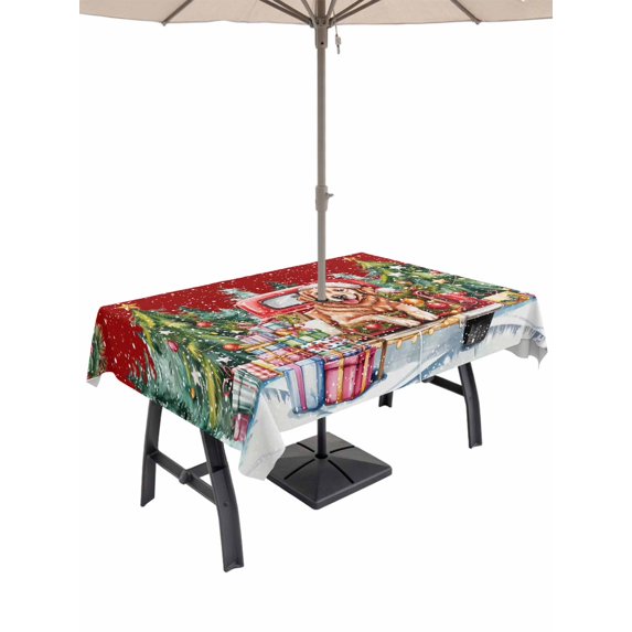 Outdoor Tablecloth with Umbrella Hole and Zipper, Christmas Rectangle Table Cloth 60x84 Inch Waterproof Tablecloth, Winter Xmas Tree Gingerbread Dogs Red Truck Red Picnic Table Cover for Patio