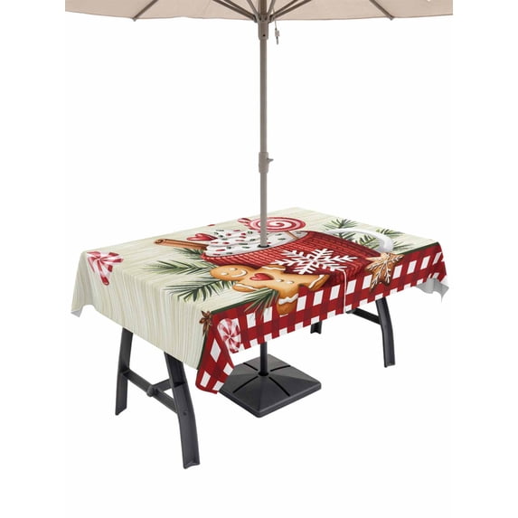 Outdoor Tablecloth with Umbrella Hole and Zipper, Christmas Rectangle Table Cloth 60x84 Inch Waterproof Tablecloth, Xmas Ice Cream Snowflakes Candy Pine Needles Picnic Table Cover for Patio Camping
