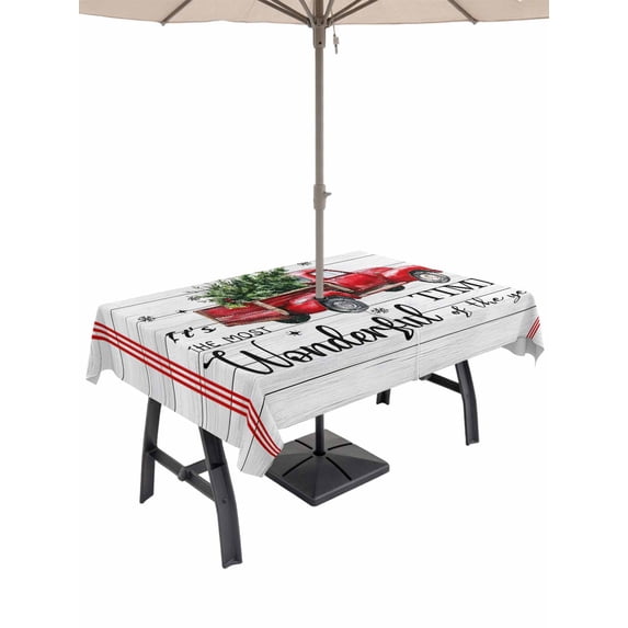 Outdoor Tablecloth with Umbrella Hole and Zipper, Christmas Rectangle Table Cloth 60x84 Inch Waterproof Tablecloth, Xmas Truck Tree Snowflake Red Striped Retro Picnic Table Cover for Patio Camping